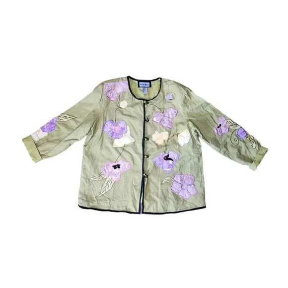 Vintage QVC Indigo Moon Green Embroidered Floral Art Jacket Toggle Buttons Large - Picture 1 of 8
